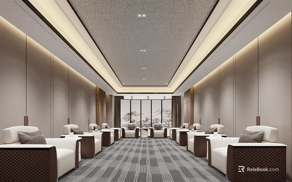 Spacious Modern Hotel Public Lounge With Elegant Sofas Floor to Ceiling Windows and Outdoor Views 3d model 