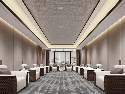 Spacious Modern Hotel Public Lounge With Elegant Sofas Floor to Ceiling Windows and Outdoor Views 3d model