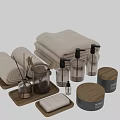 Elegant Bathroom Essentials With Towels Diffuser Bottles Jars And Wooden Trays 3d model
