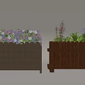 Garden with Wooden Planters Featuring Purple White Hydrangeas Pink Purple Flowers and Green Plants