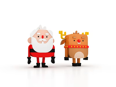Festive Christmas Dolls Santa Claus With White Beard and Reindeer With Antlers Red Nose 3d model