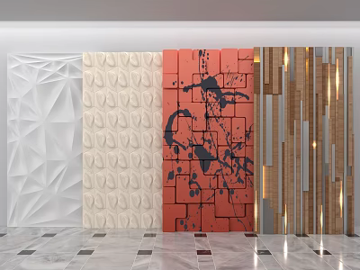 Different Wall Paneling Designs with White Geometric Beige Textured Red Patterned Wooden Metal Strips 3d model