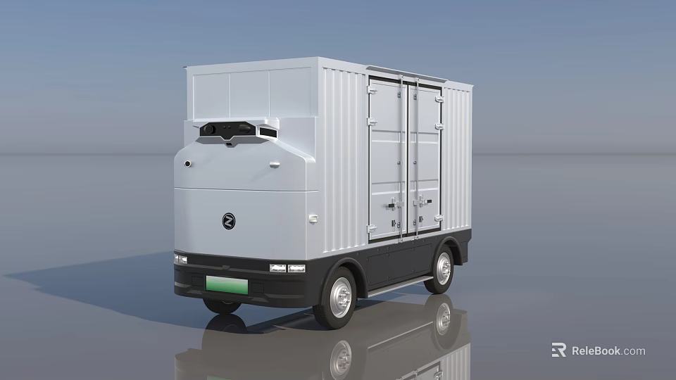 White Utility Vehicle Featuring Modern Box Body Front Logo Black Wheels On Smooth Reflective Surface 3d model 