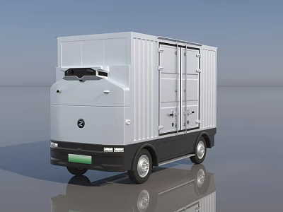 White Utility Vehicle Featuring Modern Box Body Front Logo Black Wheels On Smooth Reflective Surface 3d model