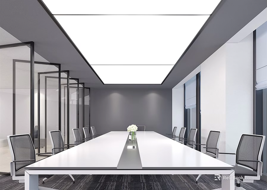 Modern Minimalist Conference Room Interior Design With Long Table Glass Partitions And Chairs 3d model 