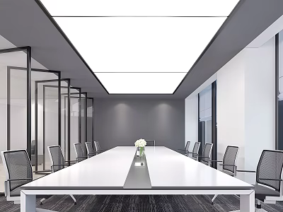Modern Minimalist Conference Room Interior Design With Long Table Glass Partitions And Chairs 3d model