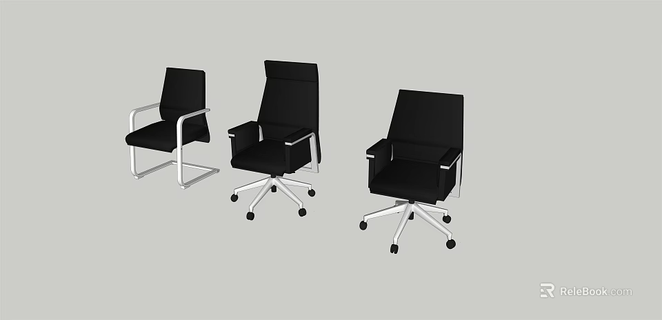 Black Office Chairs With White Metal Legs And Wheels In Various Styles 3d model 