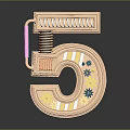 Modern 3D Number Five Home Decor Piece With Gears Pipes And Colorful Elements
