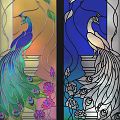 Stained Glass Window Design With Colorful Peacocks Flowers And Leaves In Blue Orange Tones