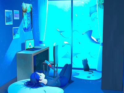 Blue Room With Large Window Ocean View Rays Fish Laptop And Black Cat 3d model