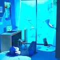 Blue Room With Large Window Ocean View Rays Fish Laptop And Black Cat