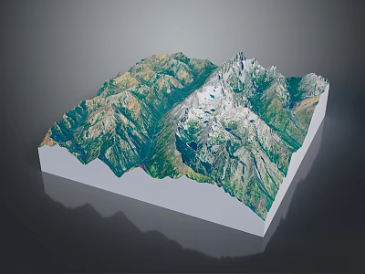 Detailed 3D Mountain Landscape Model With Green Slopes And Snowy Peaks 3d model