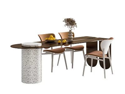 Modern Minimalist Dining Table Set With Chairs Vase Fruit Bowl And Speckled Side Table 3d model