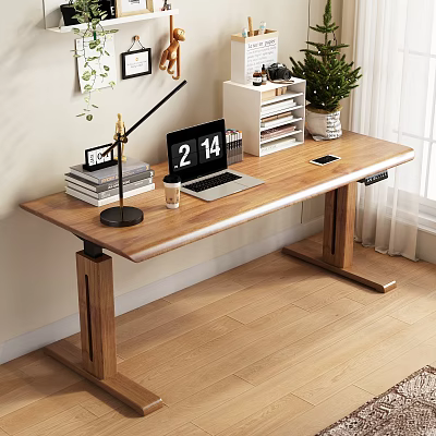 Wooden Writing Desk with Laptop Desk Lamp Books Mug and Potted Plant 3d model