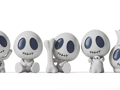 Cute Cartoon Style White Skeleton Ghost Bone Decorative Figurine Set For Home Decor 3d model