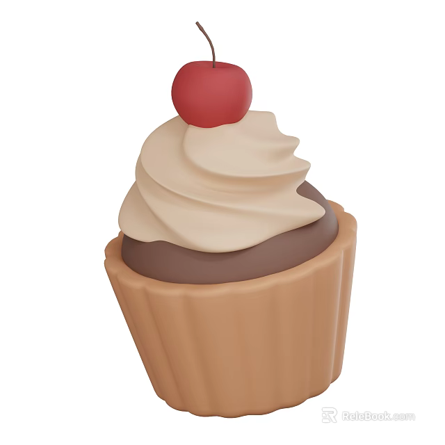 Delicious Cupcake With Swirled Cream Chocolate Layer And Cherry On Top Brown Wrapper 3d model 