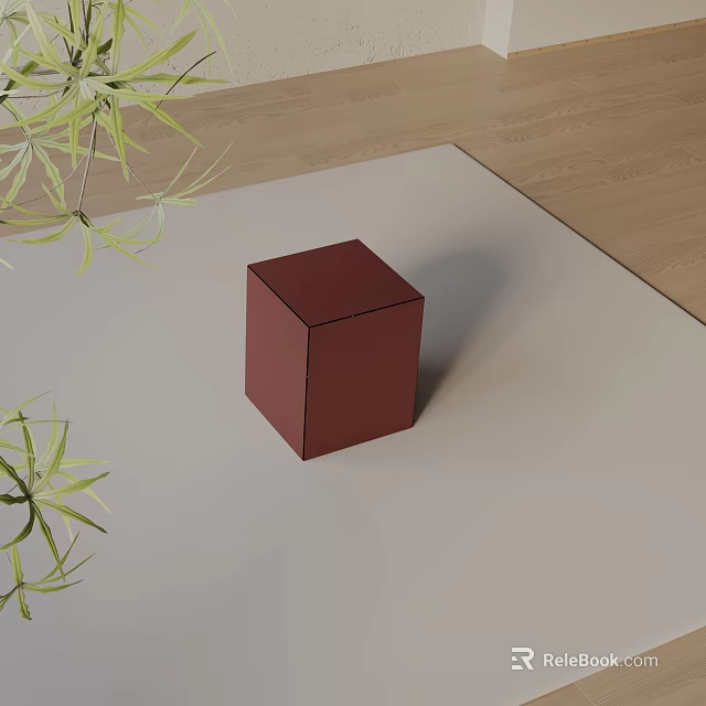 Red Cube Shaped Side Table With Green Plant Leaves On Light Mat Wooden Floor 3d model 