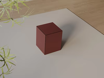 Red Cube Shaped Side Table With Green Plant Leaves On Light Mat Wooden Floor 3d model