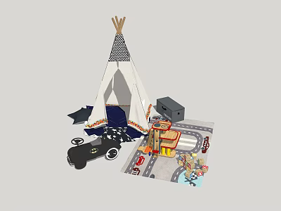 Teepee Tent with Toy Car Mini Building and Road Mat for Kids Playtime 3d model