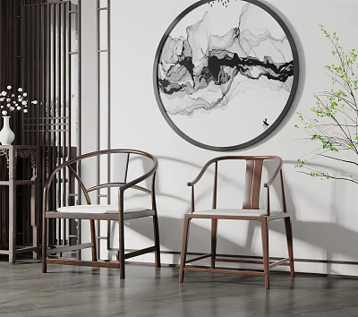 Chinese Style Leisure Chairs With Wooden Frame White Cushion And Round Ink Painting Background 3d model