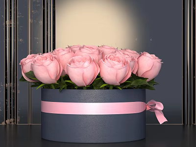 Pink Roses Arrangement In Round Box With Pink Ribbon And Green Leaves 3d model