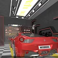 White Sports Car Parked In Indoor Workshop With Yellow Checkered Floor And Tools