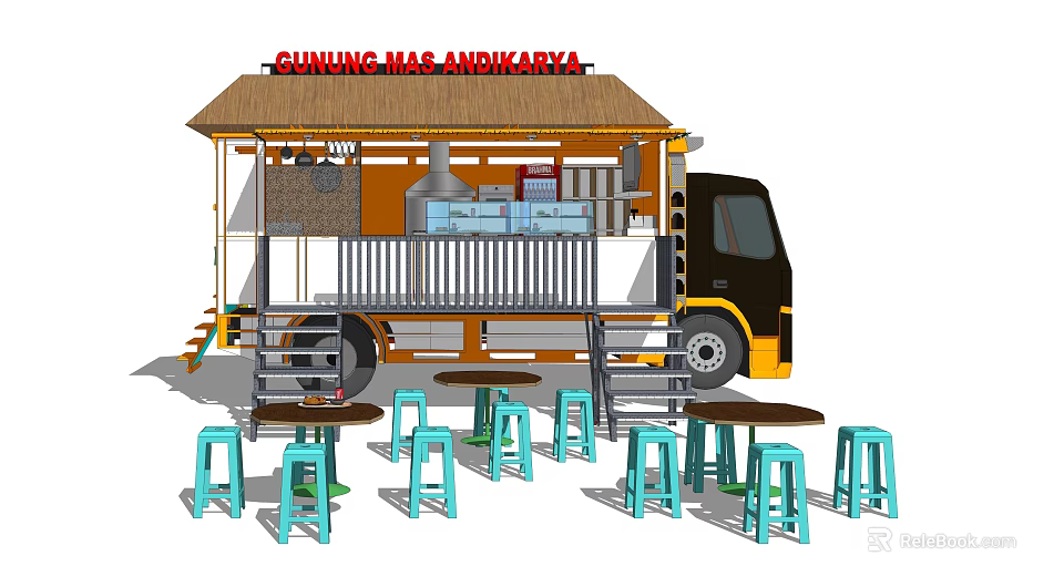 Functional Food Truck With Canopy Roof Steps Outdoor Dining Tables And Blue Stools 3d model 