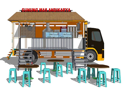 Functional Food Truck With Canopy Roof Steps Outdoor Dining Tables And Blue Stools 3d model