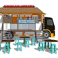 Functional Food Truck With Canopy Roof Steps Outdoor Dining Tables And Blue Stools