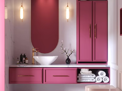 Modern Pink Bathroom Vanity With Oval Mirror Wall Lamps And Marble Countertop 3d model