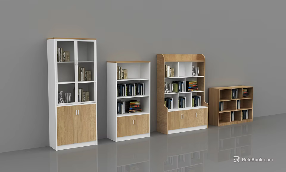 Modern Wooden Bookcases With Glass Doors Open Shelves And Storage Cabinets Different Designs 3d model 