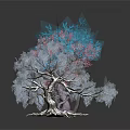 Four Colorful Plants in Blue Light Blue Pink Dark Blue with Dark Background and Reflections