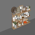 Various Kitchenware Arranged on Wooden Shelves with Bowls Plates Jars Bottles and Decorative Plants