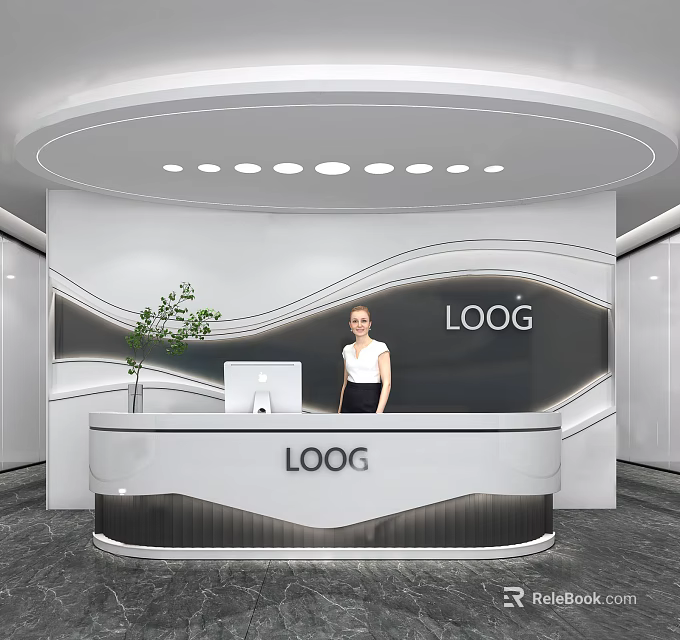 Modern Reception Desk With Wavy Design Logo Green Plant And Computer 3d model 