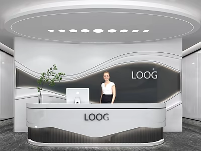 Modern Reception Desk With Wavy Design Logo Green Plant And Computer 3d model