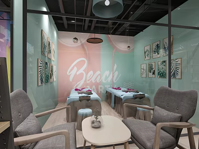 Beach Theme Store Interior With Leaf Paintings Massage Beds Armchairs And Light Blue Pink Walls 3d model
