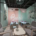 Beach Theme Store Interior With Leaf Paintings Massage Beds Armchairs And Light Blue Pink Walls