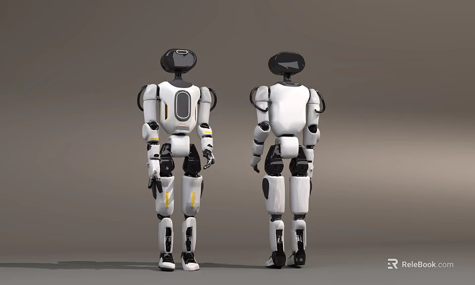 Two Detailed Intelligent Robots Back View With White Body Black Components And Yellow Accents 3d model 