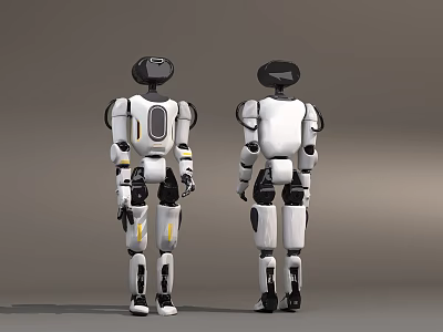Two Detailed Intelligent Robots Back View With White Body Black Components And Yellow Accents 3d model