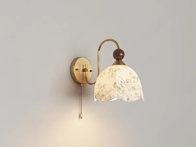Brass Wall Lamp With Wooden Ball Decoration Cream Floral Pattern Lampshade Gray Wall Soft Light 3d model