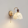 Brass Wall Lamp With Wooden Ball Decoration Cream Floral Pattern Lampshade Gray Wall Soft Light