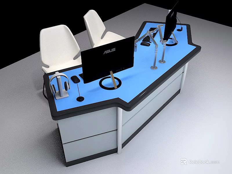 Modern Office Desk With Blue Desktop White Chairs ASUS Monitor And Headphones 3d model 