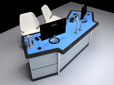 Modern Office Desk With Blue Desktop White Chairs ASUS Monitor And Headphones 3d model