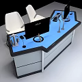 Modern Office Desk With Blue Desktop White Chairs ASUS Monitor And Headphones