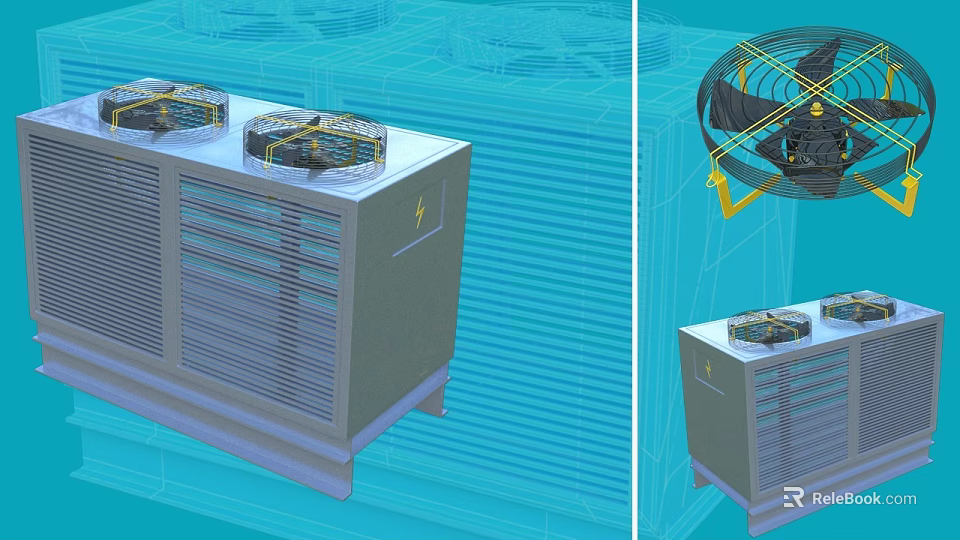 Air Conditioner Fan Outdoor Unit With Heat Dissipation Fins And Rotating Blades 3d model 