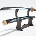 Traditional Samurai Sword With Black Scabbard And Gold Accents On Wooden Stand