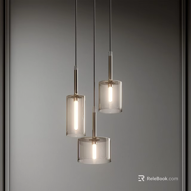 Modern Three Pendant Lights With Cylindrical Glass Shades And Metal Frames 3d model 