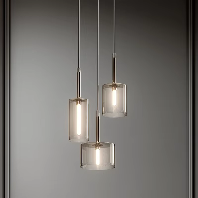 Modern Three Pendant Lights With Cylindrical Glass Shades And Metal Frames 3d model