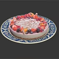 Creamy Fruit Cake Topped With Strawberries Blackberries And Orange Slices On Blue White Patterned Plate