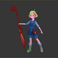 Animated Girl with Short Red Hair Blue Overalls Yellow Rain Boots Holding Colorful Umbrella 3D